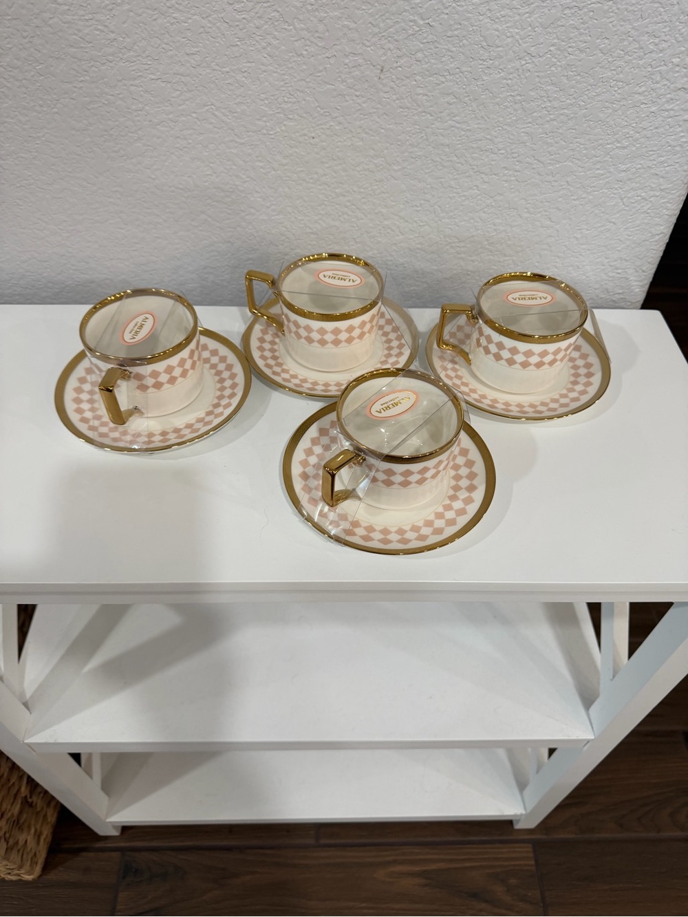 Elegant Pink & Gold Porcelain Coffee Cup and Saucer Set - 4 Pieces